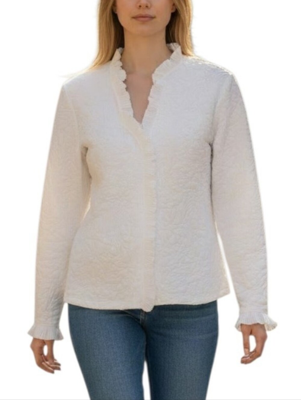 Ravel Textured White Ruffle Trimmed Zip Front Cardigan